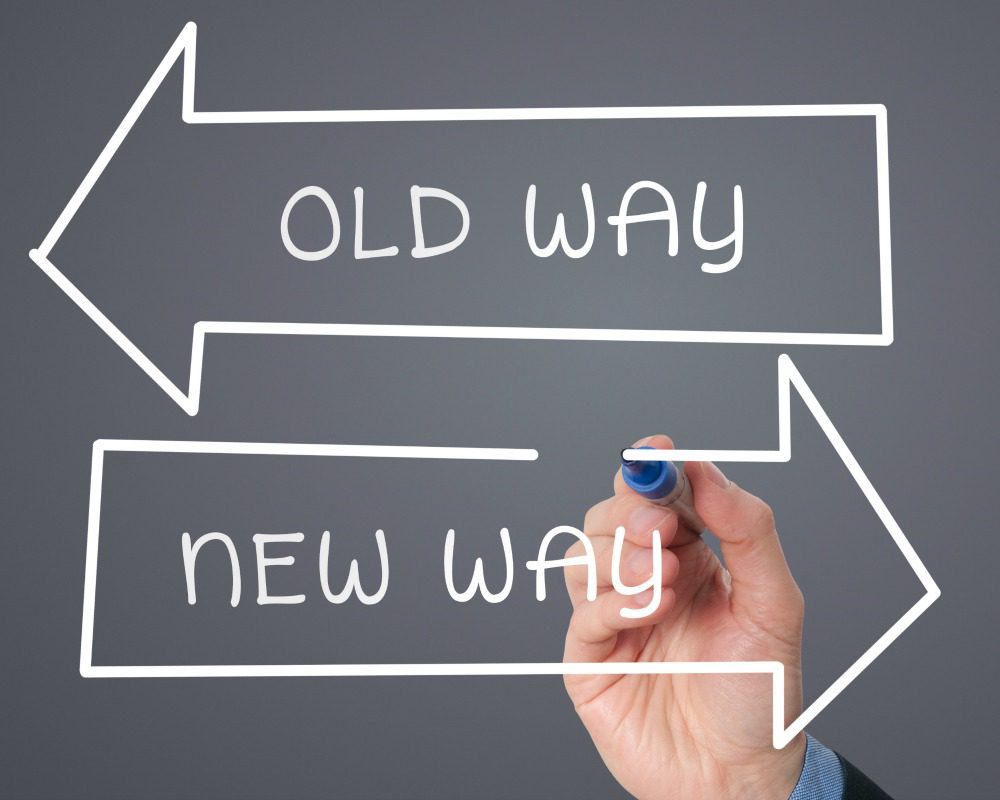 Old way written inside top arrow; new way written inside bottom arrow